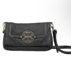 Tory Burch Black Leather Amanda Foldover Crossbody purse with Gold toned accents